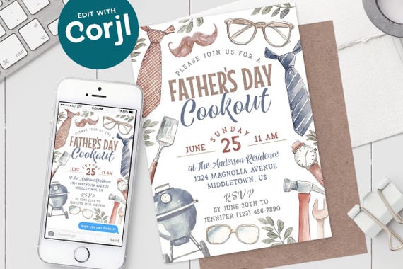 Father's Day Cookout Invitation - Rustic Watercolor Grill Barbeque Barbecue BBQ Digital Invite - 5x7 4x6 - Printable Corjl Template PDF JPG