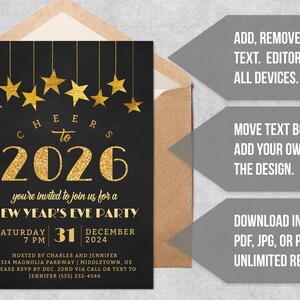 Peut inclure: Invitation de f&ecirc;te du Nouvel An noire et dor&eacute;e. L'invitation pr&eacute;sente des &eacute;toiles dor&eacute;es, le texte "Cheers to 2026" et les d&eacute;tails de l'&eacute;v&eacute;nement. L'invitation est &agrave; l'int&eacute;rieur d'une enveloppe marron.