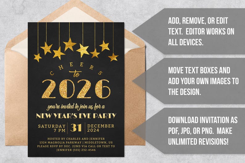 Peut inclure: Invitation de f&ecirc;te du Nouvel An noire et dor&eacute;e. L'invitation pr&eacute;sente des &eacute;toiles dor&eacute;es, le texte "Cheers to 2026" et les d&eacute;tails de l'&eacute;v&eacute;nement. L'invitation est &agrave; l'int&eacute;rieur d'une enveloppe marron.
