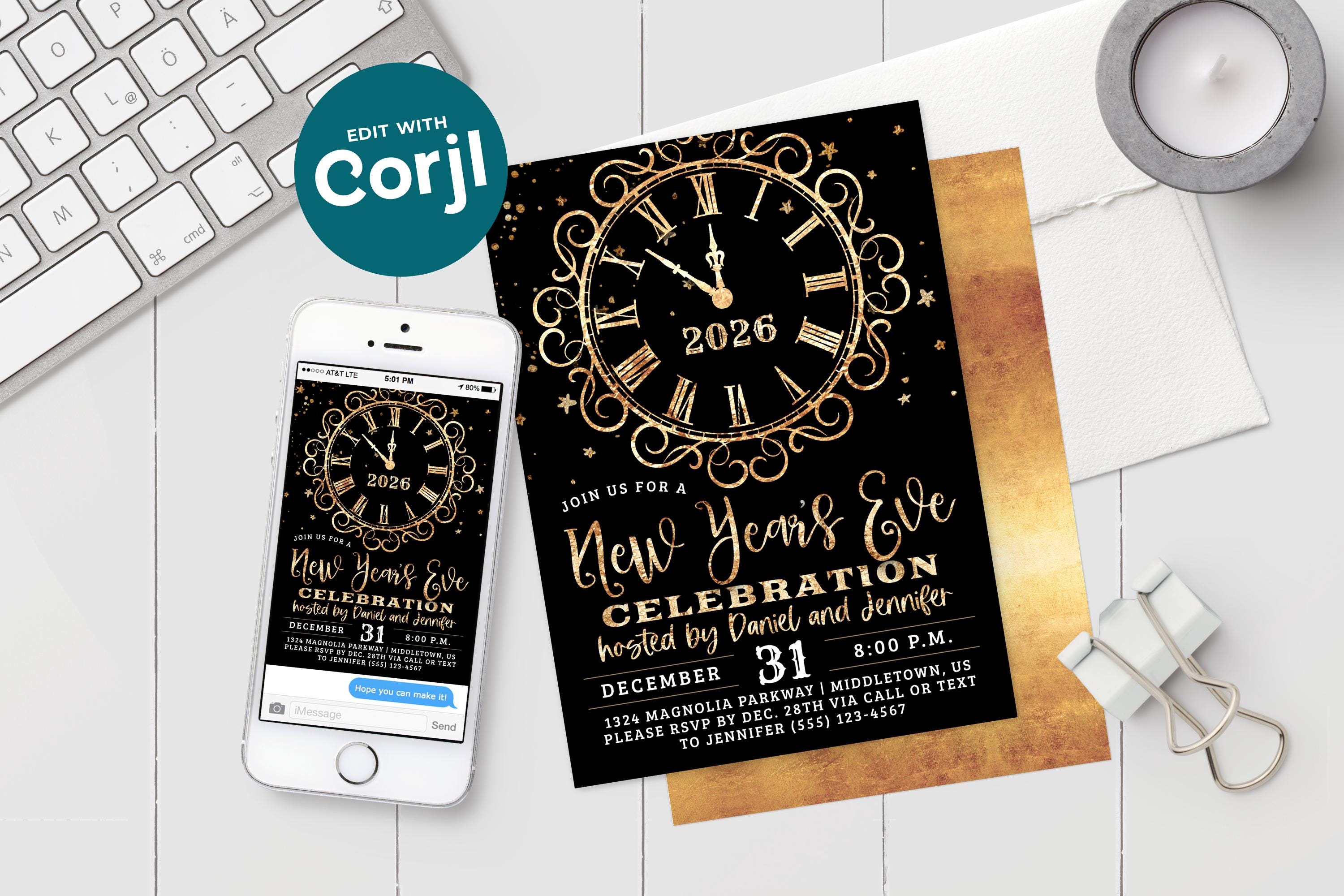 New Year's Eve Party Invitation: Gold Clock Elegant NYE, Digital ...