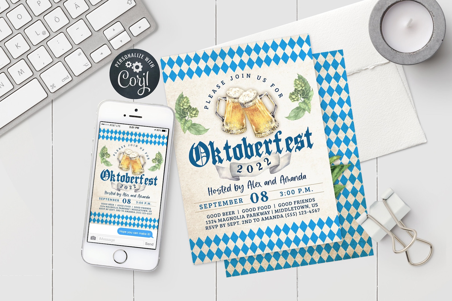 Oktoberfest Invitation - Blue Bavarian Check Traditional Oktoberfest Invite 5x7