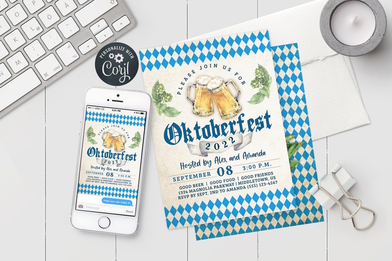 Oktoberfest Invitation Blue Bavarian Check