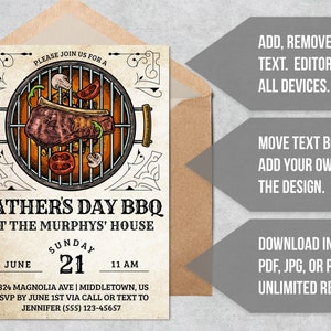 May include: A Father's Day BBQ invitation with a vintage design. The invitation features a hand-drawn illustration of a grill with a steak, vegetables, and mushrooms. The text reads "Father's Day BBQ at the Murphys' House" with the date and time of the event.