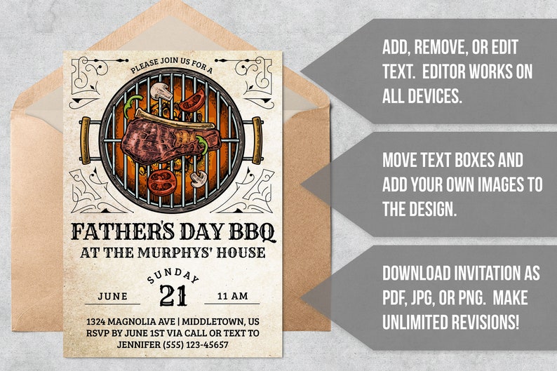 May include: A Father's Day BBQ invitation with a vintage design. The invitation features a hand-drawn illustration of a grill with a steak, vegetables, and mushrooms. The text reads "Father's Day BBQ at the Murphys' House" with the date and time of the event.