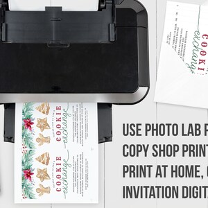 May include: Printable invitation for a cookie exchange party. The invitation features a watercolor illustration of gingerbread cookies, a Christmas tree, and holly. The text on the invitation reads "Cookie Exchange".
