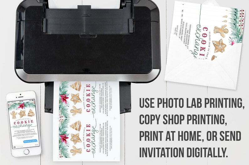 May include: Printable invitation for a cookie exchange party. The invitation features a watercolor illustration of gingerbread cookies, a Christmas tree, and holly. The text on the invitation reads "Cookie Exchange".