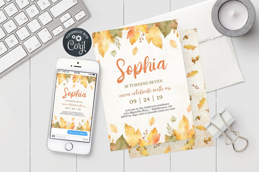 Autumn Birthday Invitation Autumn Leaves Fall Birthday Digital ...
