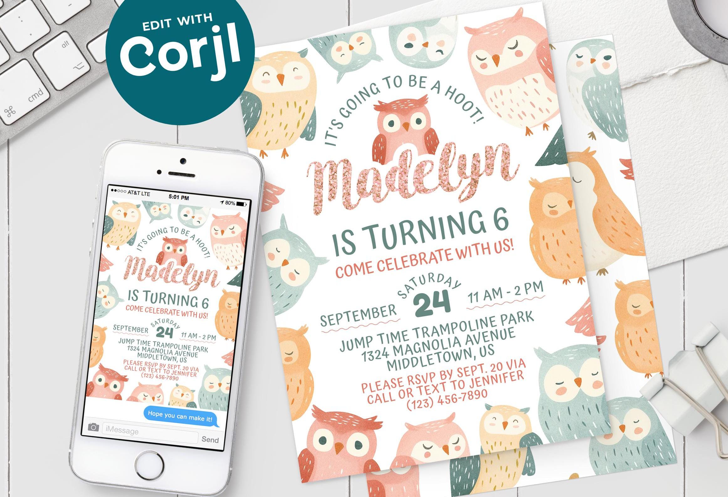 Owl Birthday Invitation - Cute Super Kawaii Owls Hoot Kids Birthday Digital Invite 5x7 4x6 Printable