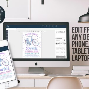 K&ouml;nnte beinhalten: Eine digitale Geburtstagseinladung mit einer Fahrradillustration in Blau- und Lilat&ouml;nen. Die Einladung wird auf einem Computerbildschirm und einem Smartphone angezeigt, mit dem Text "Let's Ride!" und "Scarlett wird sieben". Das Design ist editierbar.