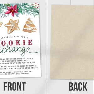 May include: A white invitation card with a watercolor illustration of gingerbread cookies and a Christmas wreath. The text reads "Please join us for a cookie exchange" and includes details about the event, including the date, time, location, and RSVP information.