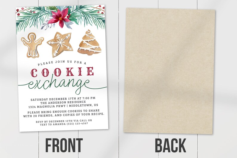 May include: A white invitation card with a watercolor illustration of gingerbread cookies and a Christmas wreath. The text reads "Please join us for a cookie exchange" and includes details about the event, including the date, time, location, and RSVP information.