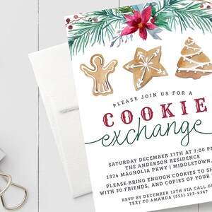 May include: A white invitation card with a watercolor illustration of a Christmas tree, a star, and a ghost cookie. The text reads "Please join us for a cookie exchange" and includes details about the event, including the date, time, location, and RSVP information.