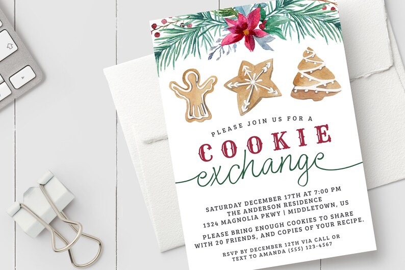 May include: A white invitation card with a watercolor illustration of a Christmas tree, a star, and a ghost cookie. The text reads "Please join us for a cookie exchange" and includes details about the event, including the date, time, location, and RSVP information.