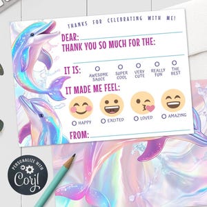 Delphin-Geburtstags-Kinder Dankeschön - Pink Lila Pool-Party Checkbox Dankeskarte 5 x 7 & 4 x 6 Printable Bearbeitbare Vorlage PDF JPG DP525