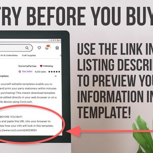 May include: Screenshot of a computer screen showing a product listing on Etsy. The listing is for a printable party stationery template. The text on the screen says "Try Before You Buy!" and includes a link to preview the template. The text also says "Do-it-yourself editable templates enable you to edit and print your party stationery within minutes after purchasing! This instant download template can be edited directly in your web browser or on a mobile device using Corjl.com."