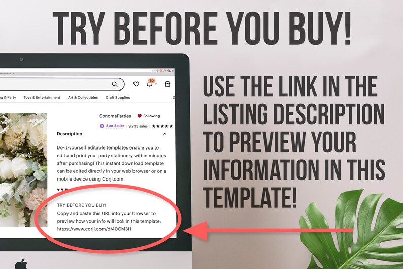 May include: Screenshot of a computer screen showing a product listing on Etsy. The listing is for a printable party stationery template. The text on the screen says "Try Before You Buy!" and includes a link to preview the template. The text also says "Do-it-yourself editable templates enable you to edit and print your party stationery within minutes after purchasing! This instant download template can be edited directly in your web browser or on a mobile device using Corjl.com."