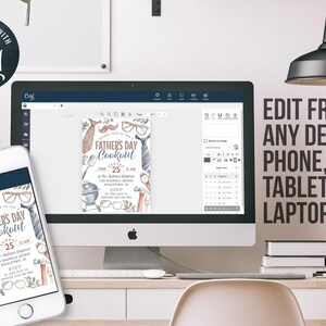 May include: A digital mockup of a Father's Day Cookout invitation on a computer screen and a smartphone. The invitation features a watercolor illustration of a grill, tools, and a mustache. The text on the invitation reads "Father's Day Cookout" and includes a date and time.