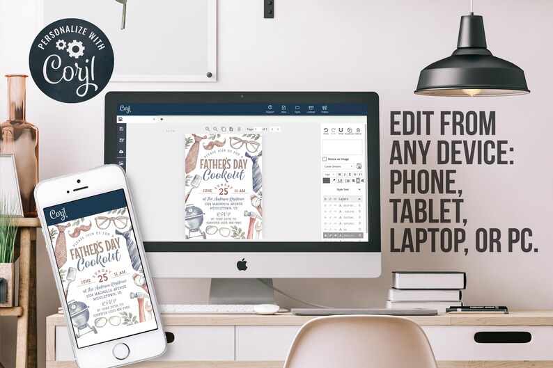 May include: A digital mockup of a Father's Day Cookout invitation on a computer screen and a smartphone. The invitation features a watercolor illustration of a grill, tools, and a mustache. The text on the invitation reads "Father's Day Cookout" and includes a date and time.