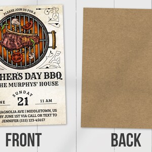 May include: A Father's Day BBQ invitation with a vintage style illustration of a grill with food. The text reads "Please join us for a Father's Day BBQ at the Murphys' House. Sunday June 21, 11 AM. 1324 Magnolia Ave | Middletown, US. RSVP by June 1st via call or text to Jennifer (555) 123-45657."