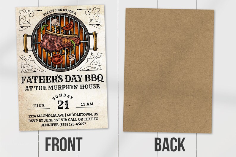 May include: A Father's Day BBQ invitation with a vintage style illustration of a grill with food. The text reads "Please join us for a Father's Day BBQ at the Murphys' House. Sunday June 21, 11 AM. 1324 Magnolia Ave | Middletown, US. RSVP by June 1st via call or text to Jennifer (555) 123-45657."