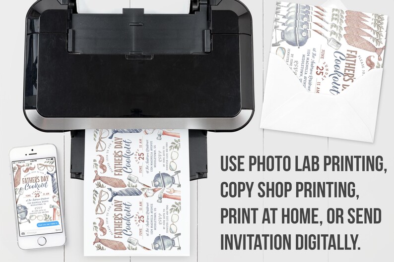 May include: A printable invitation for a Father's Day cookout. The invitation features a watercolor illustration of a tie, glasses, and a grill. The text on the invitation reads "Father's Day Cookout" and "June 25".