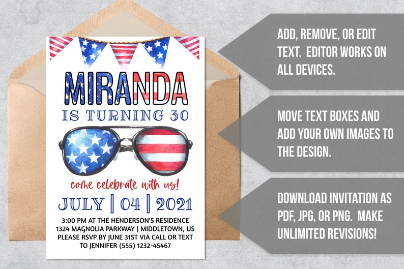 May include: A printable invitation for a 30th birthday party. The invitation features a watercolor illustration of sunglasses with red, white, and blue stars and stripes. The text on the invitation reads "Miranda is turning 30, come celebrate with us! July 04, 2021".