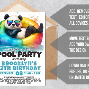 Puede incluir: Una invitaci&oacute;n colorida para una fiesta en la piscina celebrando el cumplea&ntilde;os n&uacute;mero 12 de Brooklyn. La invitaci&oacute;n presenta un panda de dibujos animados con gafas de sol relaj&aacute;ndose en un flotador inflable arco&iacute;ris. El texto dice "Ven a unirte a nosotros para una fiesta en la piscina celebrando el cumplea&ntilde;os n&uacute;mero 12 de Brooklyn" con la fecha y la hora de la fiesta. La ubicaci&oacute;n se indica como Ridgeview Community Center, 13245 Magnolia Parkway, Middletown, US. La invitaci&oacute;n solicita RSVP antes del 2 de septiembre por llamada o mensaje de texto a Jennifer (555) 123-4567.
