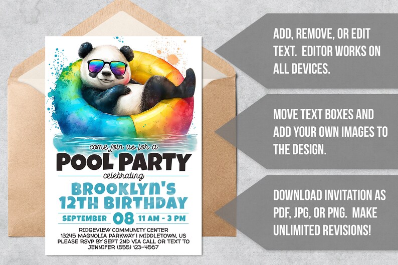 Puede incluir: Una invitaci&oacute;n colorida para una fiesta en la piscina celebrando el cumplea&ntilde;os n&uacute;mero 12 de Brooklyn. La invitaci&oacute;n presenta un panda de dibujos animados con gafas de sol relaj&aacute;ndose en un flotador inflable arco&iacute;ris. El texto dice "Ven a unirte a nosotros para una fiesta en la piscina celebrando el cumplea&ntilde;os n&uacute;mero 12 de Brooklyn" con la fecha y la hora de la fiesta. La ubicaci&oacute;n se indica como Ridgeview Community Center, 13245 Magnolia Parkway, Middletown, US. La invitaci&oacute;n solicita RSVP antes del 2 de septiembre por llamada o mensaje de texto a Jennifer (555) 123-4567.