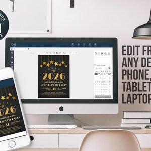 Peut inclure: Un ordinateur, un smartphone et une tablette affichent une invitation pour une f&ecirc;te du Nouvel An avec des &eacute;toiles dor&eacute;es et l'ann&eacute;e 2026. Le texte indique "EDIT FROM ANY DEVICE: PHONE, TABLET, LAPTOP, OR PC."