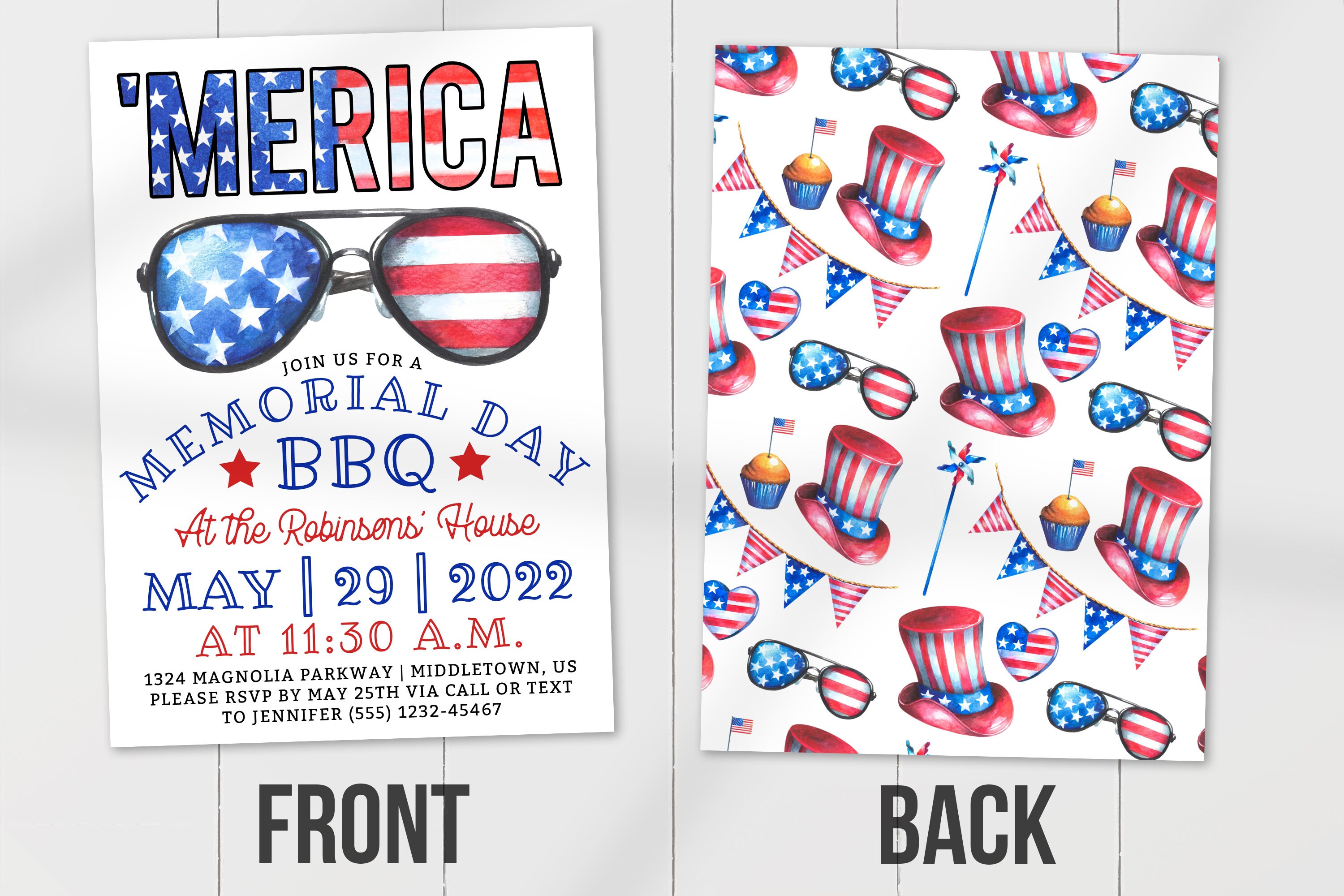 Memorial Day BBQ Invitation - Patriotic Memorial Day Party - 5x7 & 4x6 ...