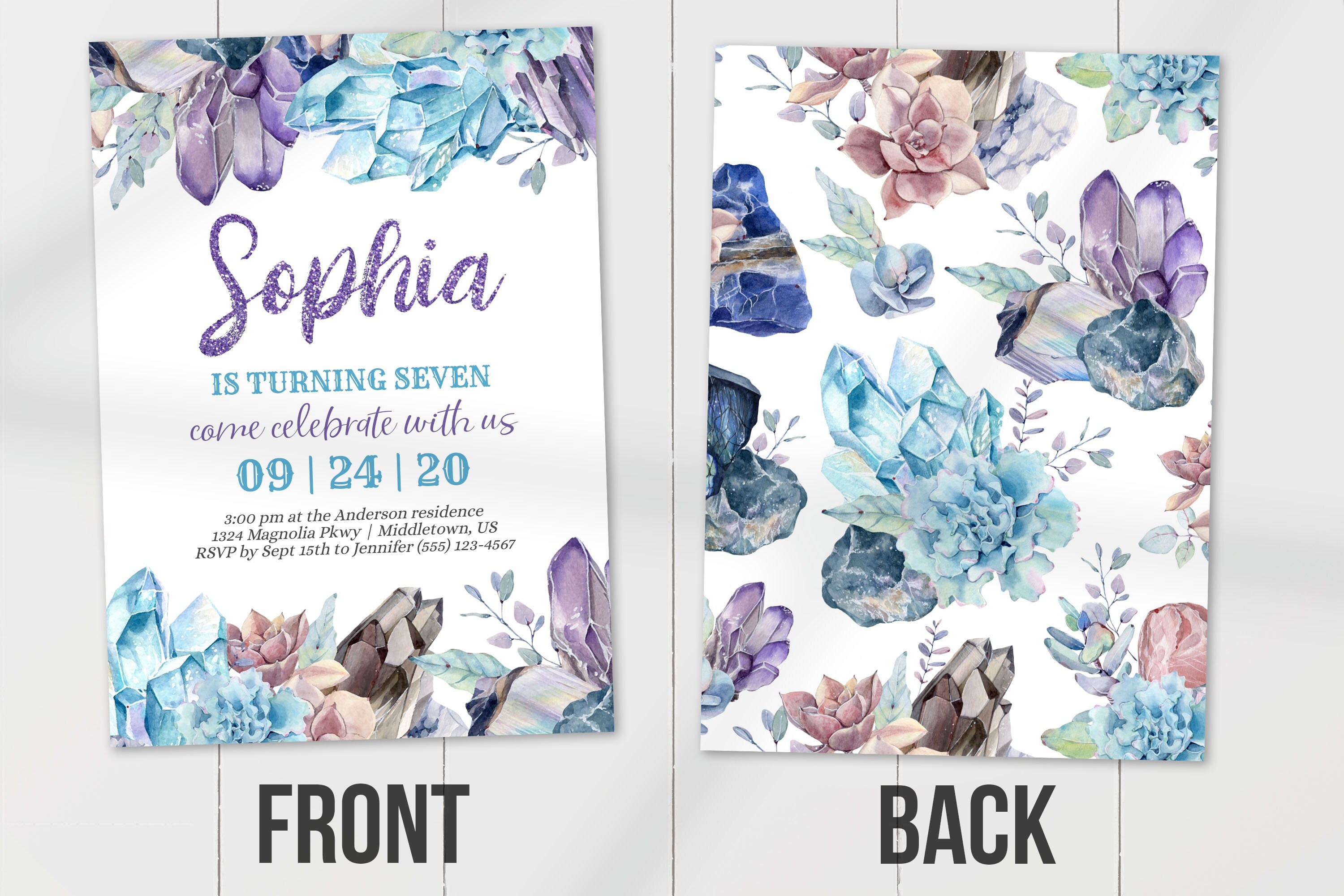 Crystal & Gemstone Birthday Invitation Succulents Amethyst Etsy