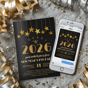 Invitation à la fête du Nouvel An : étoiles d'or 2026, invitation numérique, modèle modifiable à télécharger image 10