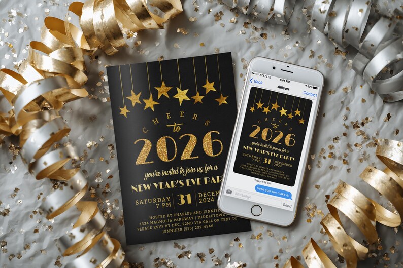 Invitation à la fête du Nouvel An : étoiles d'or 2026, invitation numérique, modèle modifiable à télécharger image 10