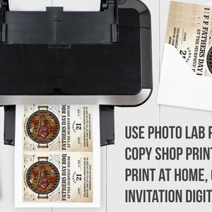 May include: A printable invitation for a Father's Day BBQ. The invitation features a vintage-style illustration of a grill with food, and the text "Father's Day BBQ at the Murphys' House, June 21, 11 AM".