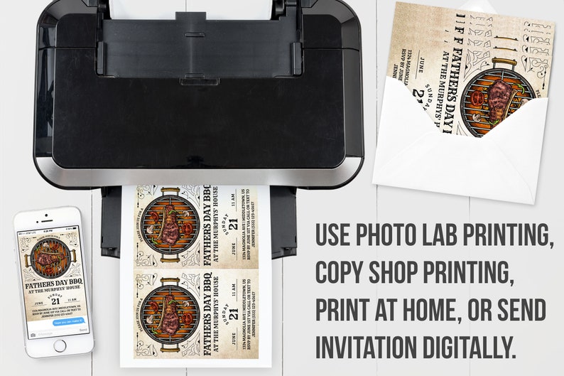 May include: A printable invitation for a Father's Day BBQ. The invitation features a vintage-style illustration of a grill with food, and the text "Father's Day BBQ at the Murphys' House, June 21, 11 AM".