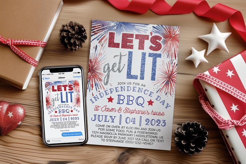 4th of July Invitation: 'Let's Get Lit' BBQ, Digital 5x7 4x6 Printable Editable Template image 10