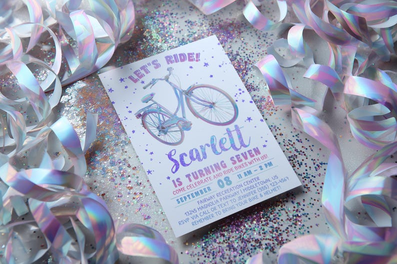 Fahrrad-Geburtstagseinladung: Mädchenfahrrad Glam Glitter 5 x 7 4 x 6 Printable Editable Template BK925 Bild 10