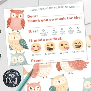 Eule Geburtstag Kinder Dankeschön Notiz - Kawaii Eulen Bday Easy Checkbox Emotionen Dankeskarte 5x7 & 4x6 Printable Corjl Vorlage PDF JPG TL325