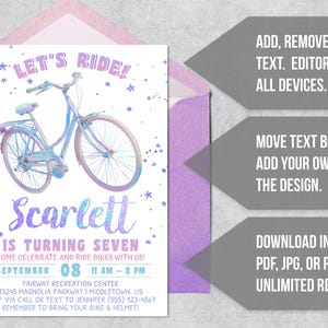 K&ouml;nnte beinhalten: Einladung im Aquarellstil mit einer Illustration eines Fahrrads in Blau- und Lilat&ouml;nen. Der Text lautet &bdquo;Let's Ride!&ldquo; und &bdquo;Scarlett wird sieben&ldquo;. Enth&auml;lt Veranstaltungsdetails und Anweisungen zum Mitbringen von Fahrrad und Helm.