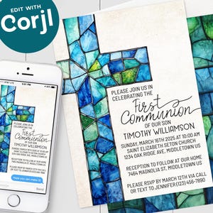 Faire-part première communion - vitrail croix garçon masculin 1ère communion, invitation numérique, modèle modifiable 5 x 7 4 x 6, téléchargement PDF, JPG