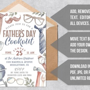 May include: A Father's Day Cookout invitation with a watercolor illustration of a grill, tools, glasses, and ties. The text reads "Please join us for a Father's Day Cookout, Sunday June 25, 11 AM at The Anderson Residence, 1324 Magnolia Avenue, Middletown, US. RSVP by June 20th to Jennifer (123) 456-7890."