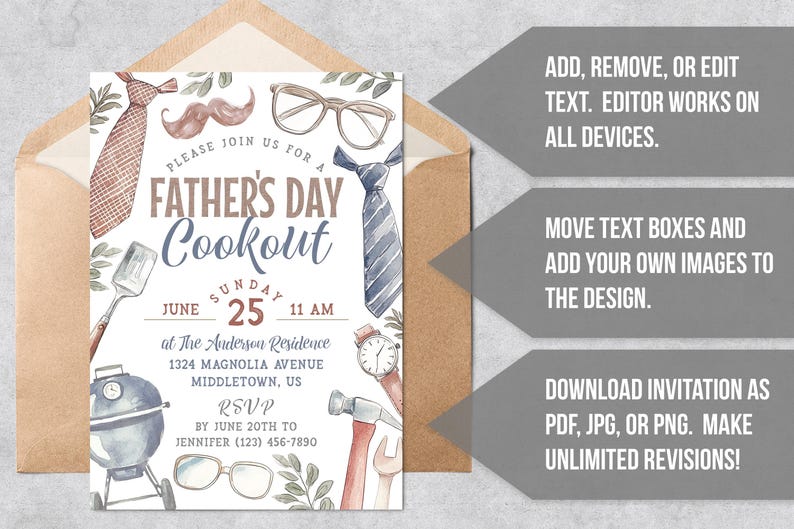 May include: A Father's Day Cookout invitation with a watercolor illustration of a grill, tools, glasses, and ties. The text reads "Please join us for a Father's Day Cookout, Sunday June 25, 11 AM at The Anderson Residence, 1324 Magnolia Avenue, Middletown, US. RSVP by June 20th to Jennifer (123) 456-7890."