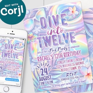 12th Birthday Pool Party Invitation, Dive into Twelve Pink Purple Girl Swim Party Digital Invite 5x7 4x6 Printable Editable Template PDF JPG