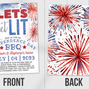 May include: Invitation to a 4th of July BBQ with fireworks. The invitation features a red, white, and blue watercolor design with fireworks and the text "Let's get LIT" and "Independence Day BBQ".