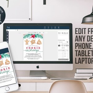 May include: A digital mockup of a phone and computer screen displaying a customizable cookie exchange invitation template. The invitation features a festive design with gingerbread cookies, a poinsettia, and evergreen branches. The text on the invitation reads "Please join us for a Cookie Exchange".