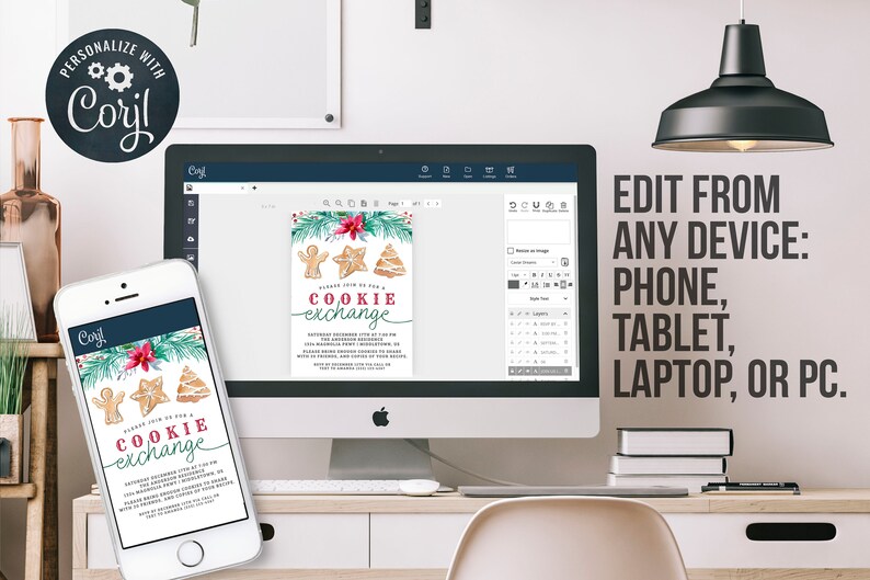 May include: A digital mockup of a phone and computer screen displaying a customizable cookie exchange invitation template. The invitation features a festive design with gingerbread cookies, a poinsettia, and evergreen branches. The text on the invitation reads "Please join us for a Cookie Exchange".