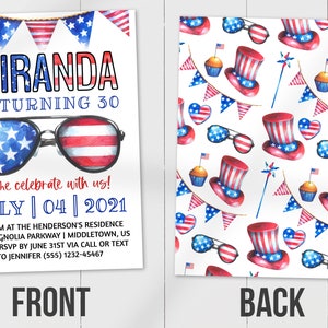 4th of July Birthday Invitation with patriotic independence day sunglasses and flags, front and back sides.