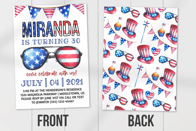 4th of July Birthday Invitation with patriotic independence day sunglasses and flags, front and back sides.