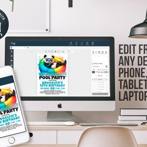 Puede incluir: Una invitaci&oacute;n digital para una fiesta en la piscina con un panda que lleva gafas de sol y un flotador inflable de colores. El texto de la invitaci&oacute;n dice "Pool Party celebrando el 12&ordm; cumplea&ntilde;os de Brooklyn".