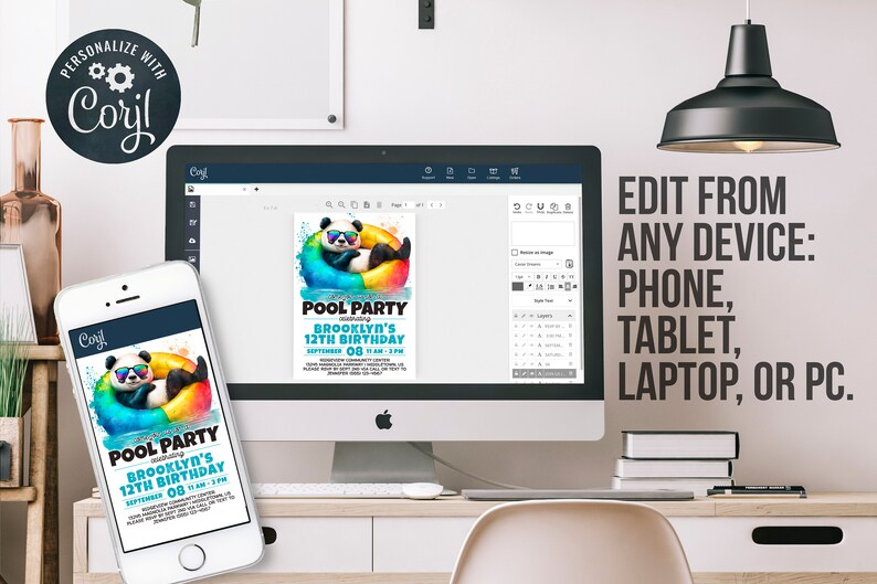 Puede incluir: Una invitaci&oacute;n digital para una fiesta en la piscina con un panda que lleva gafas de sol y un flotador inflable de colores. El texto de la invitaci&oacute;n dice "Pool Party celebrando el 12&ordm; cumplea&ntilde;os de Brooklyn".